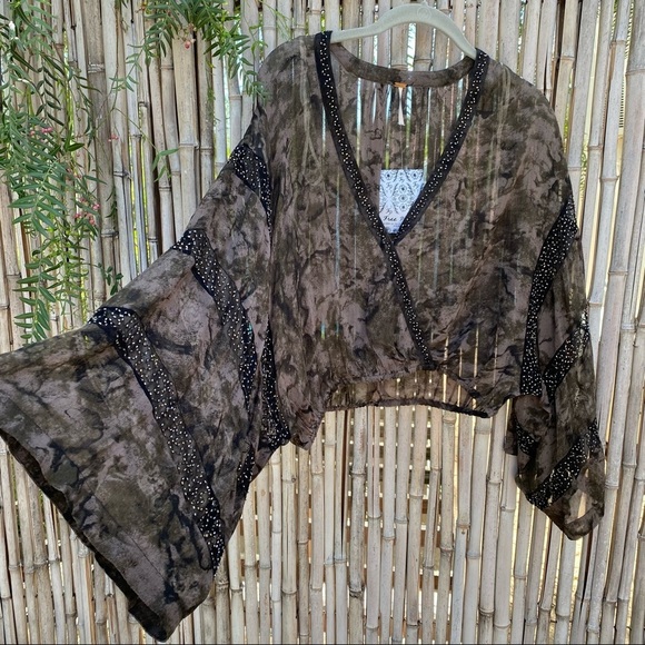 Free People Cropped sheer embellished beaded bell sleeves dye blouson top sz XS - Picture 15 of 15